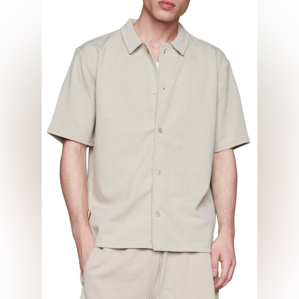 Fleece Factory Men’s Checkbox Short Sleeve Stretch Button-Up Shirt